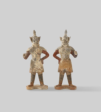 Pair of Tang Dynasty Painted Earthenware Guardians or Soldiers