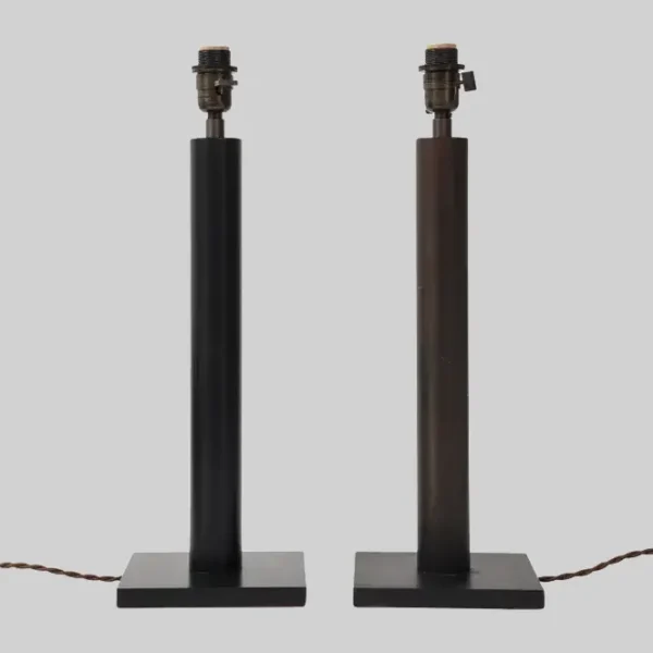 Pair Lance Thompson Bronze Patina Metal Column Lamps, Custom Silk Shade