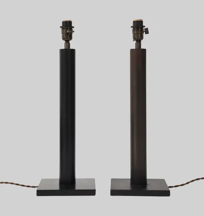 Pair Lance Thompson Bronze Patina Metal Column Lamps, Custom Silk Shade