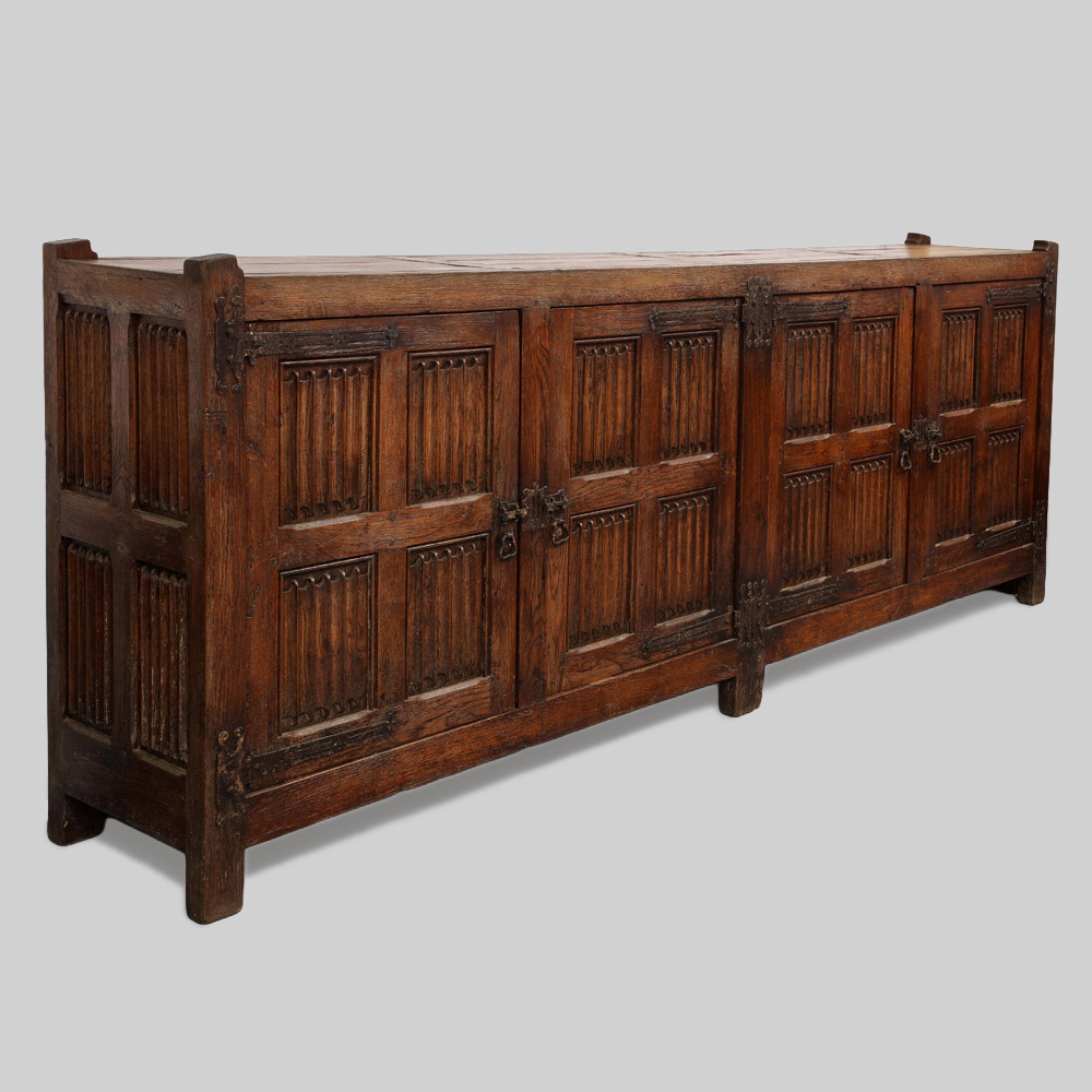 19th C. Hand Carved Oak Sideboard with Shelves/Drawers, Nunnery, France