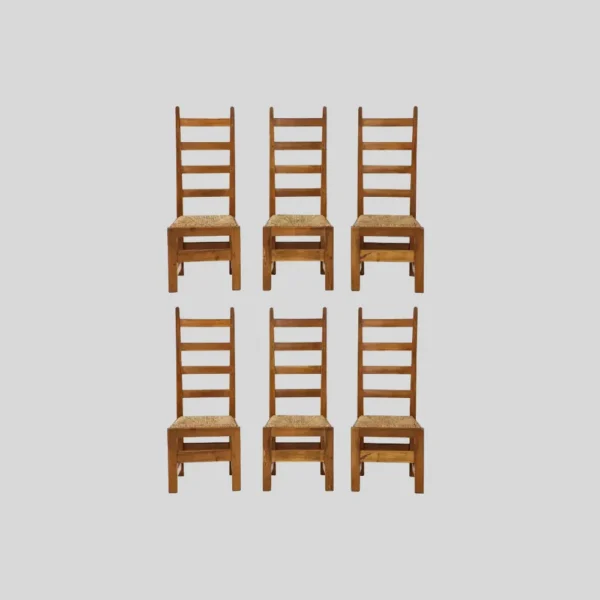 French High Back Oak & Rush Rustic Modern Chairs, C. 1950, Signed