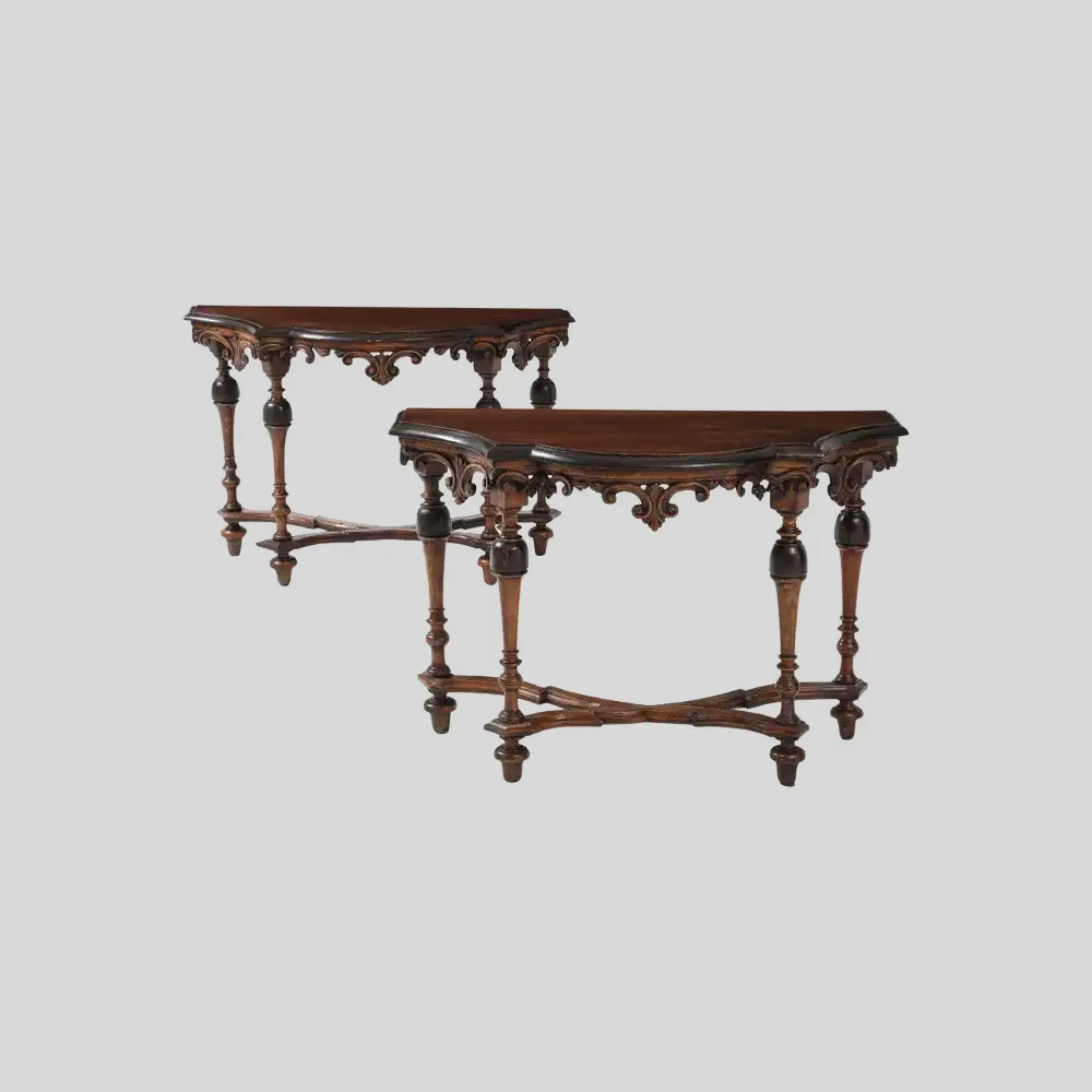 Pair of Late 17th C. Italian Tuscan Walnut Demi Lunes, Carved Decoration, Italy