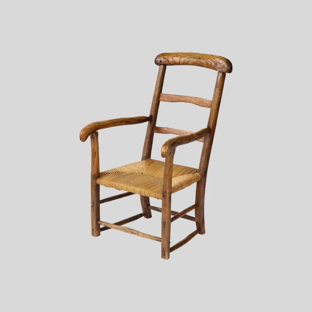 Rustic Hand-Crafted Oak Armchair with Straw Seat, France, 19th Century