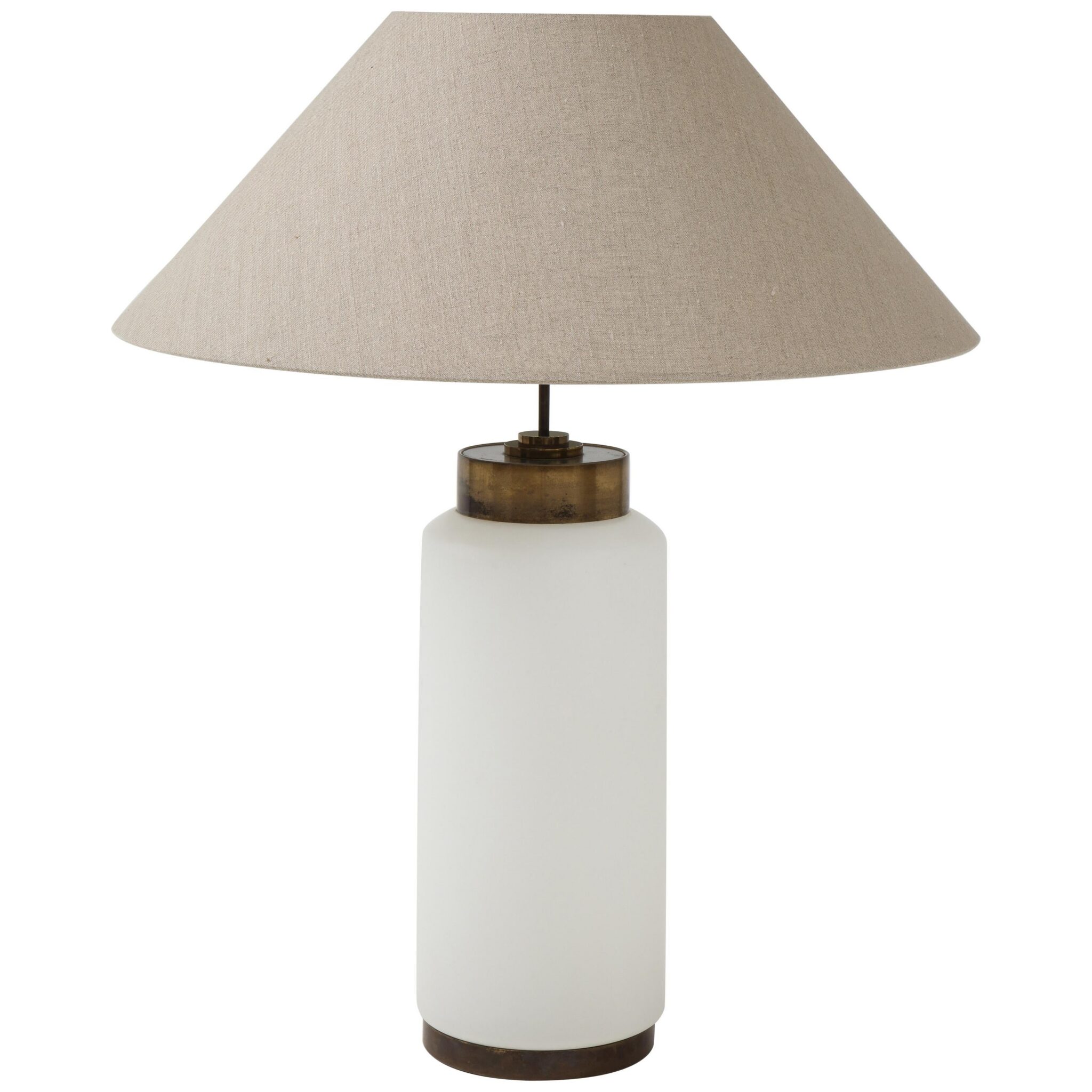 Italian White Opaline Glass and Brass Large Lamp with Belgian Linen Shade