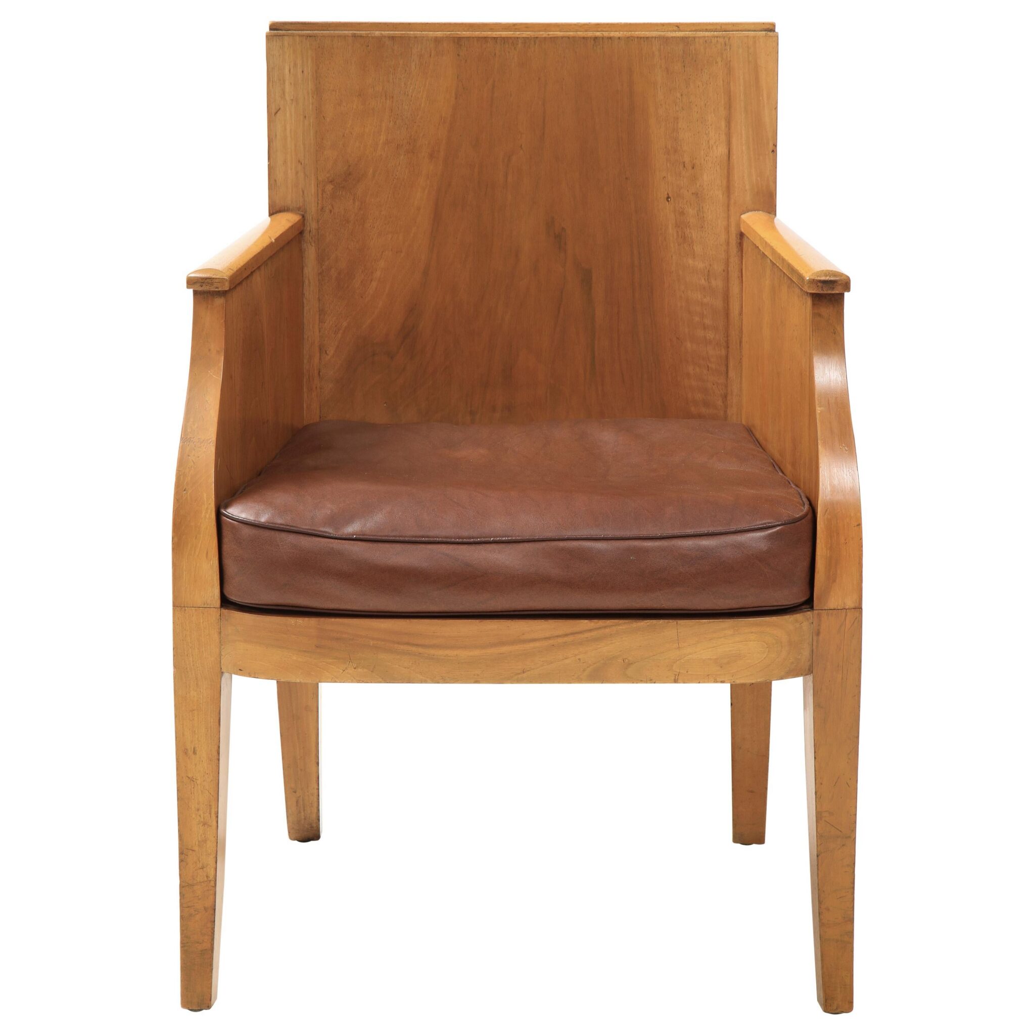 French 40’s Oak Chair with Original Leather Seat, France, c. 1940