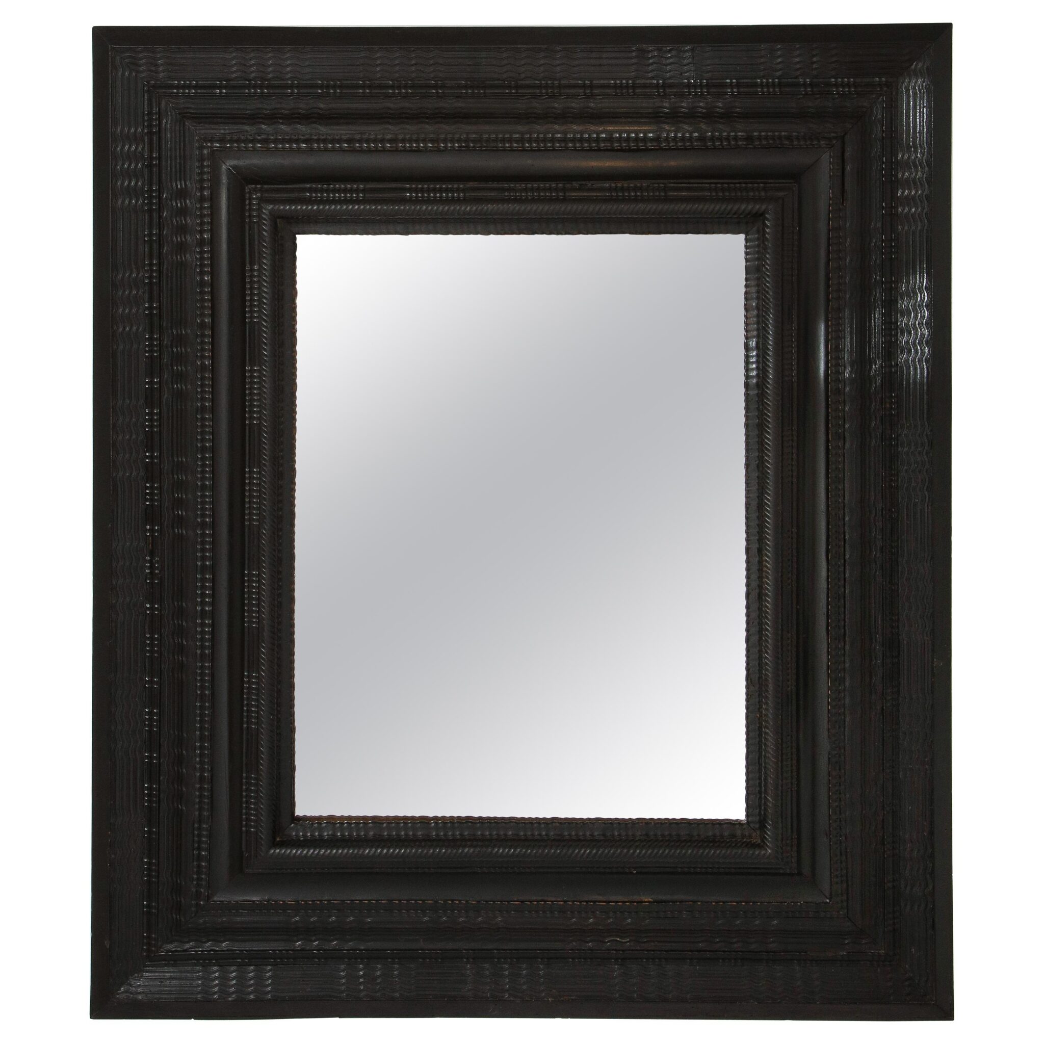 17th C. Italian Ebonized Walnut Mirror, Guilloché Hand Carved & Original Glass