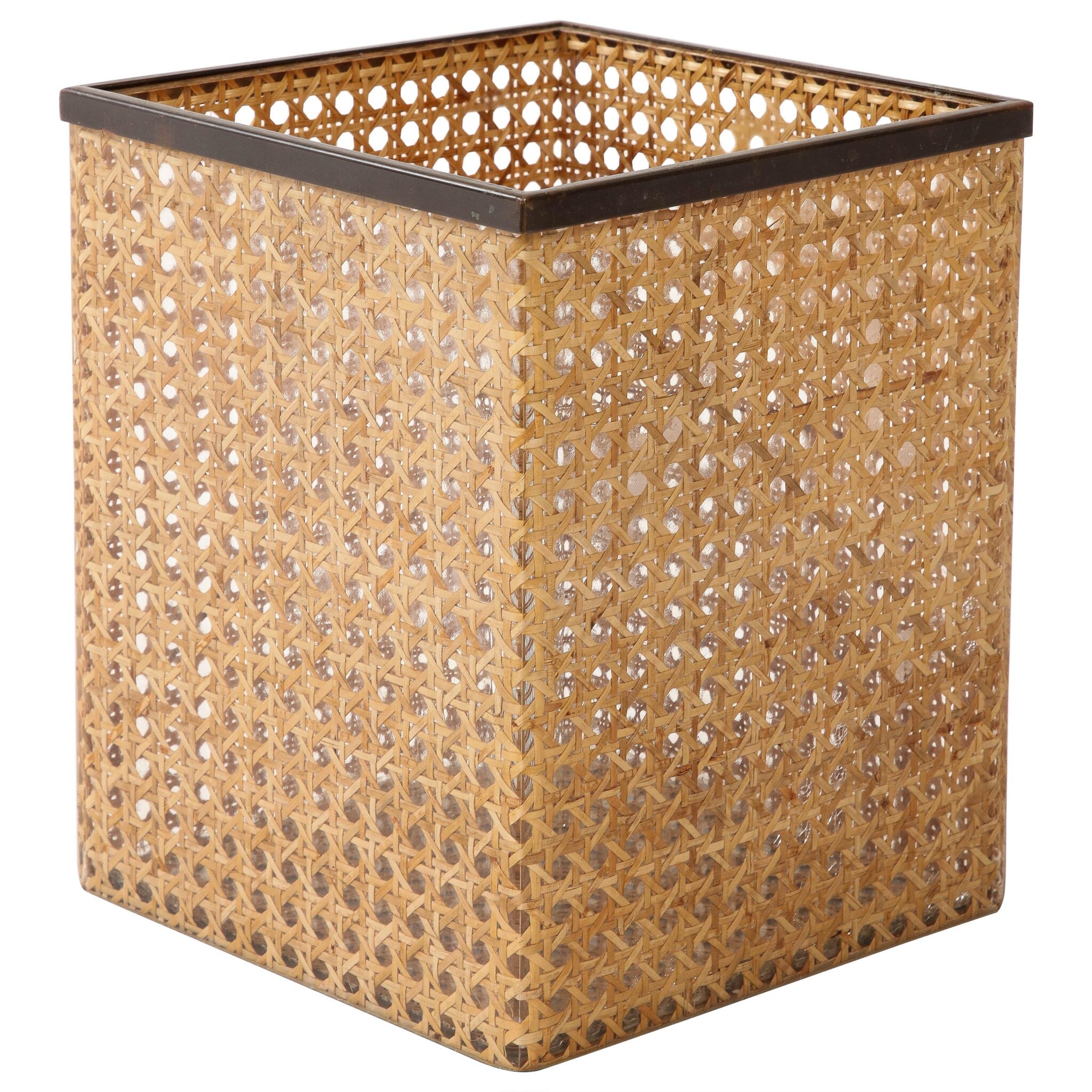 Christian Dior Home Lucite, Bronze, and Cane Bin, France, 1970