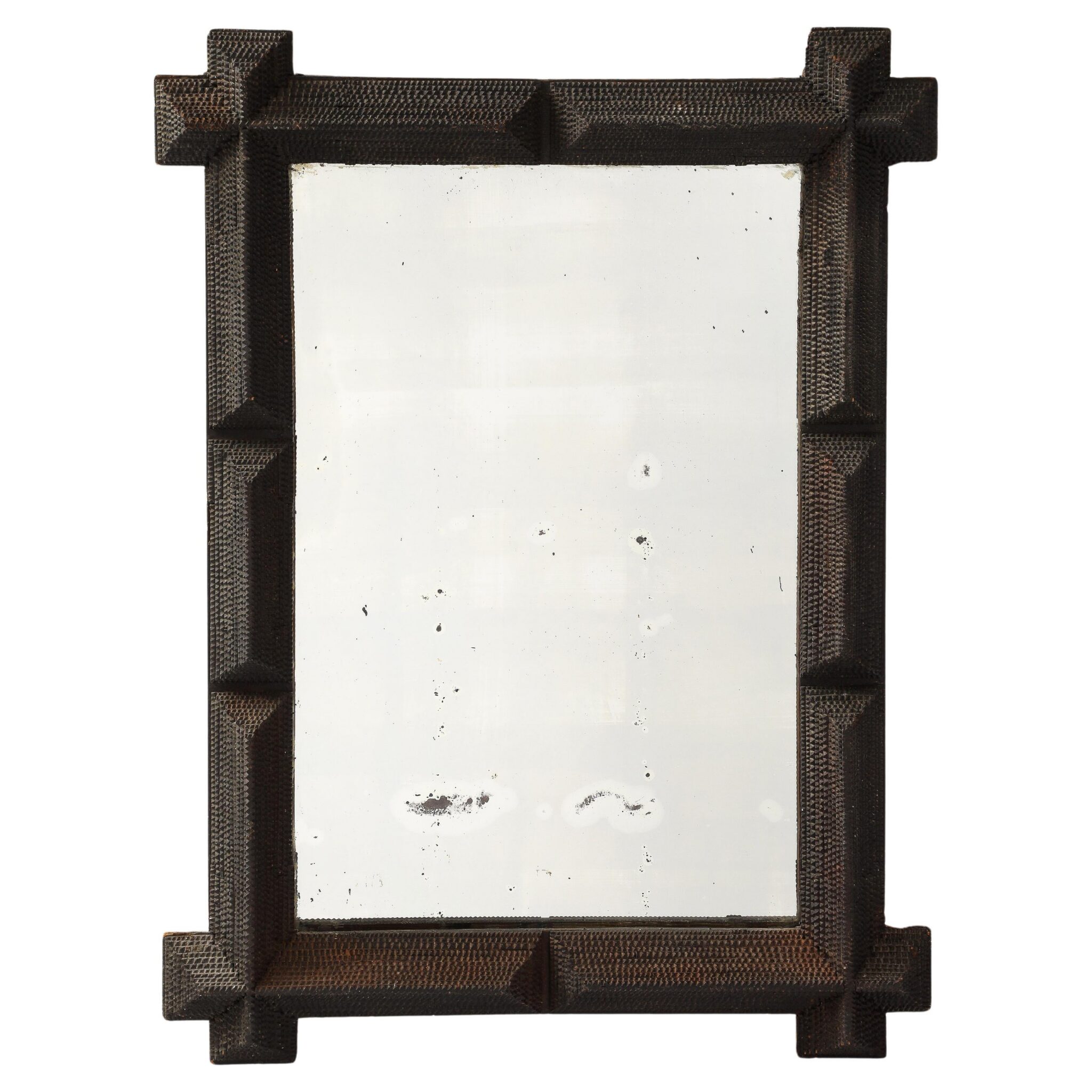 19th C. French Tramp Art Mirror with Old Glass