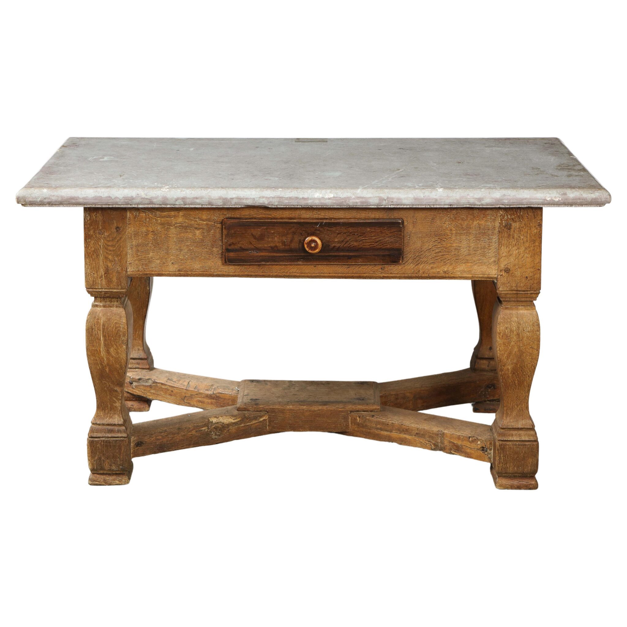 18th C. Swedish Stone Top Table w/ Drawer & Oak Stretcher Base, Sweden, c. 1750