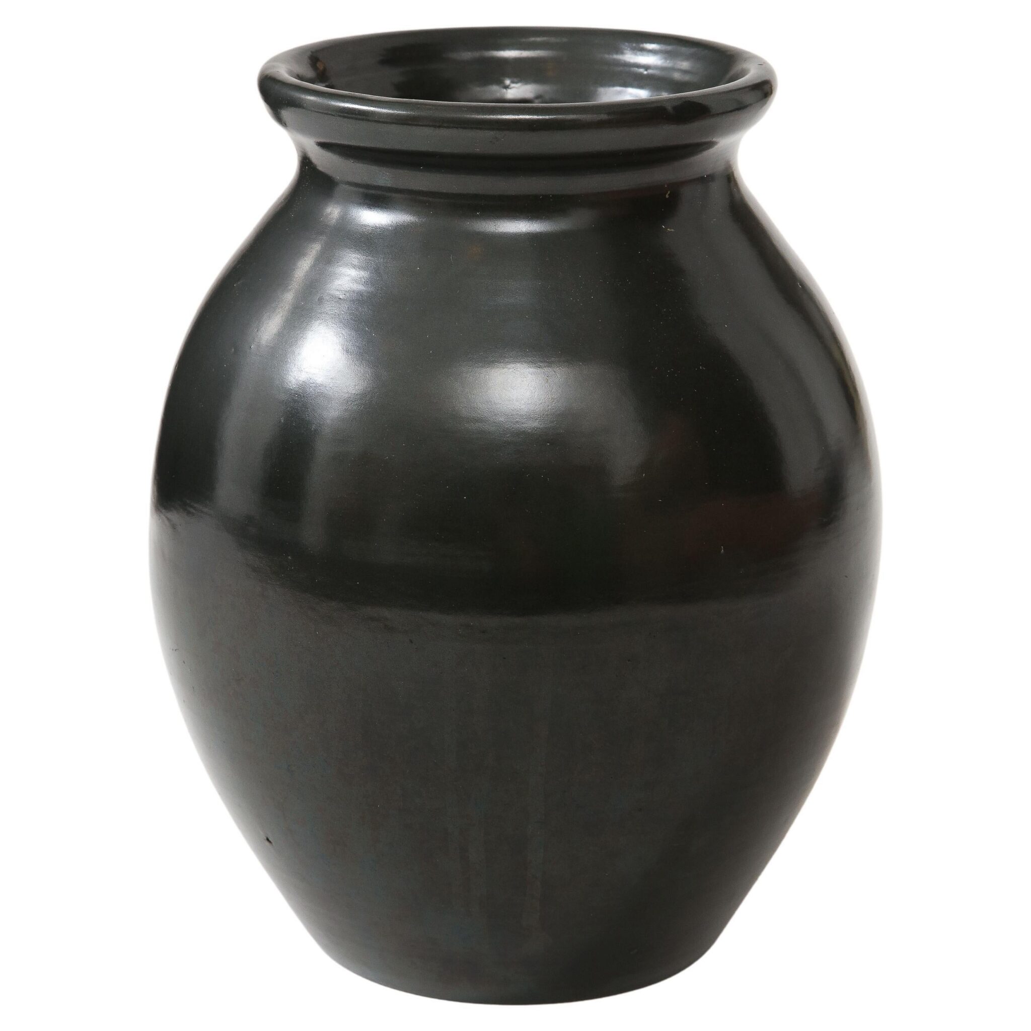 Large Black Classic Form Vase, Smooth Iron-Like Black Glaze, France, C. 1950