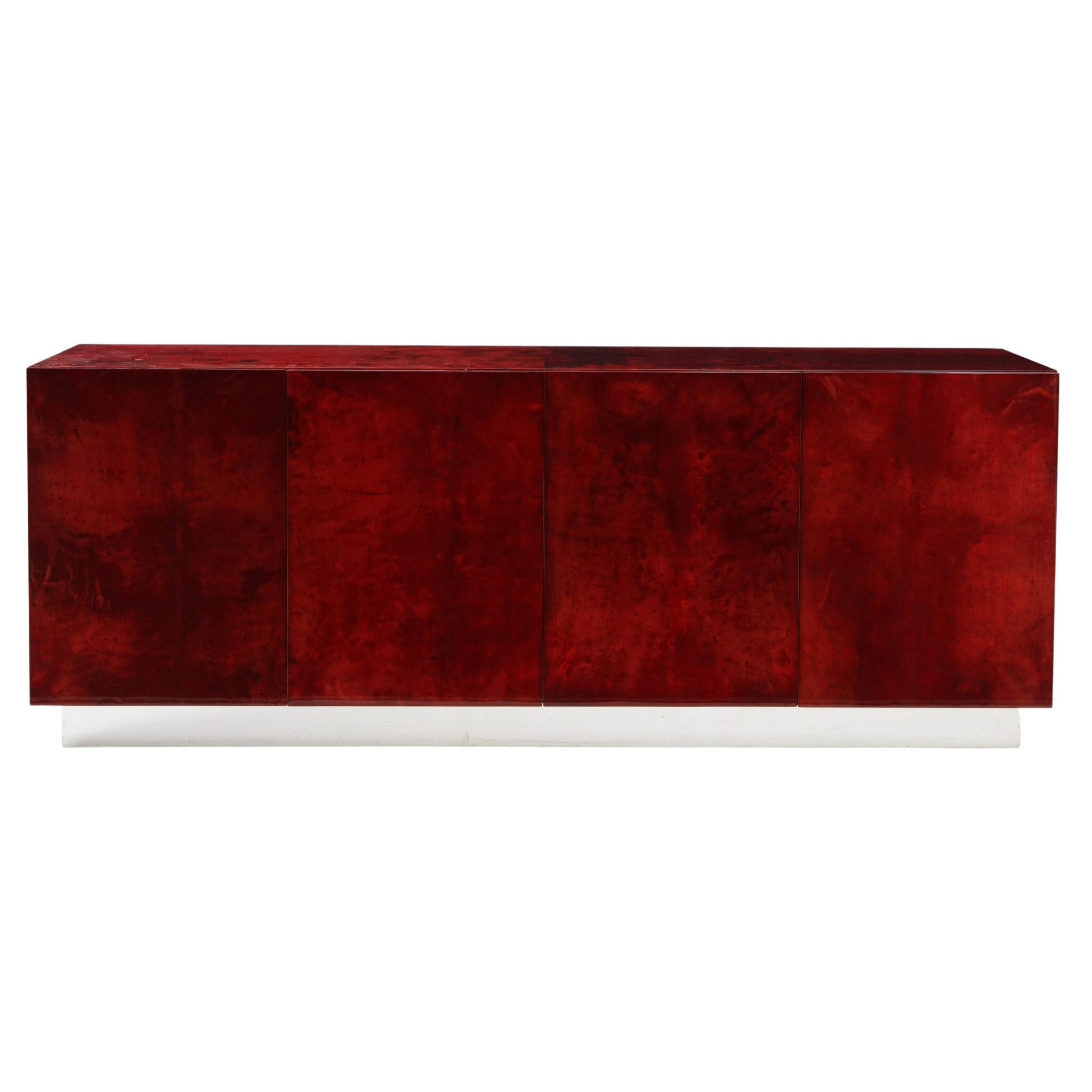 Aldo Tura Blood Red Goatskin Cabinet, Chrome Plinth Base, Italy, 1960