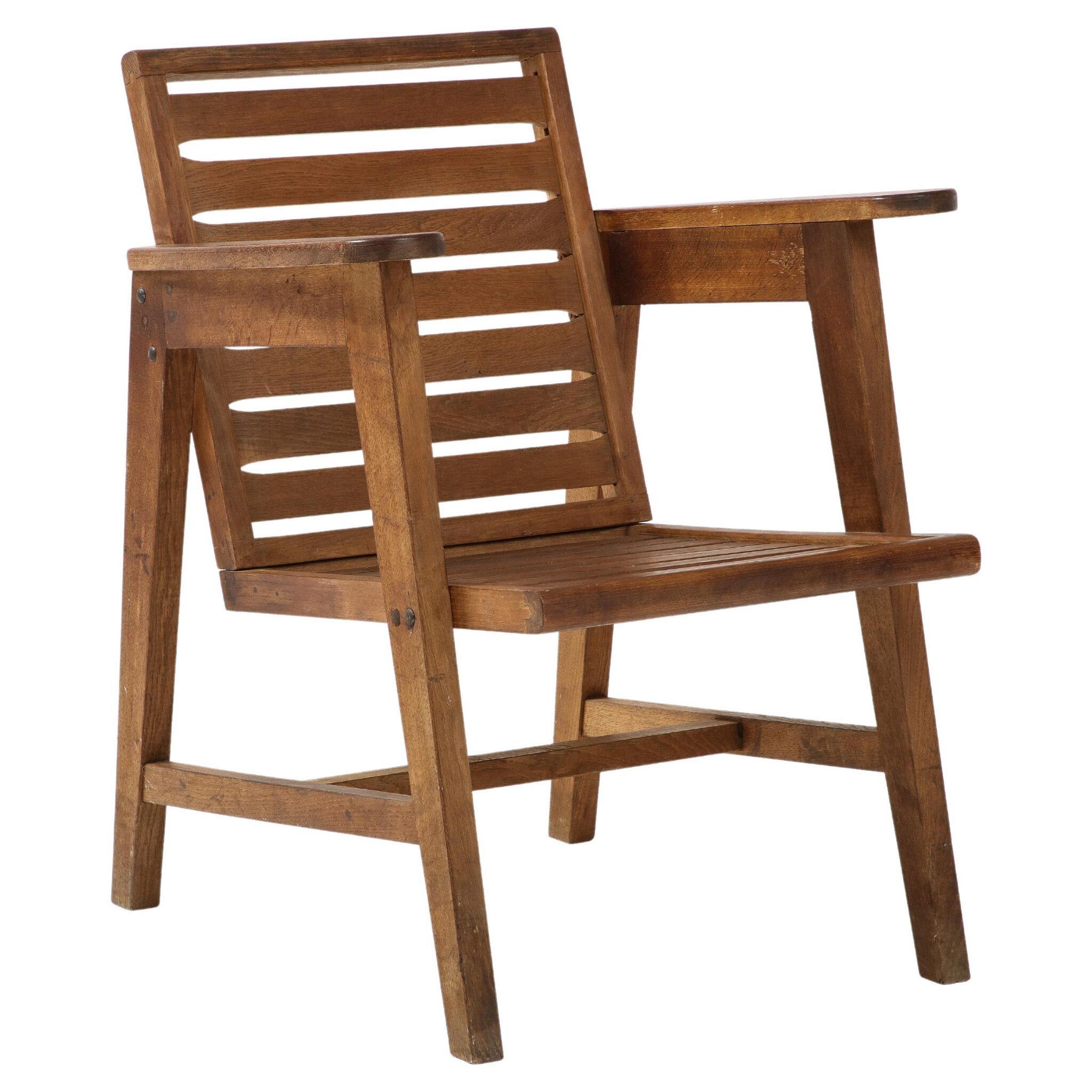 Solid Oak Modernist Armchair in the Style of Perriand / Prouvé, France, C. 1950