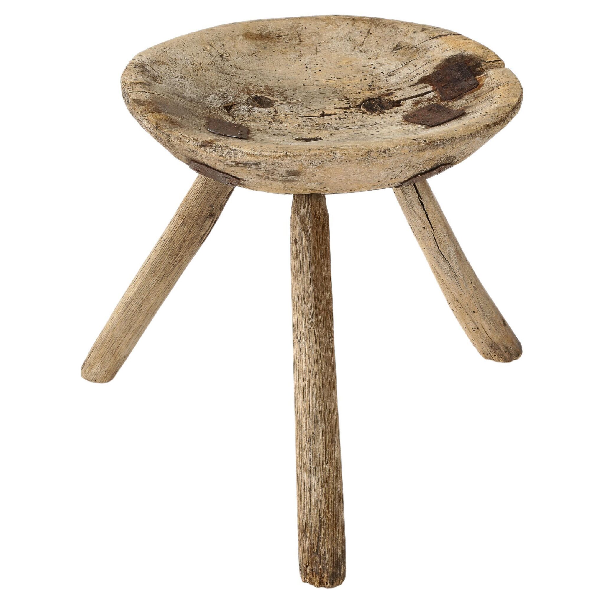 19th Century French Shepherds Stool with Handmade Metal Repairs