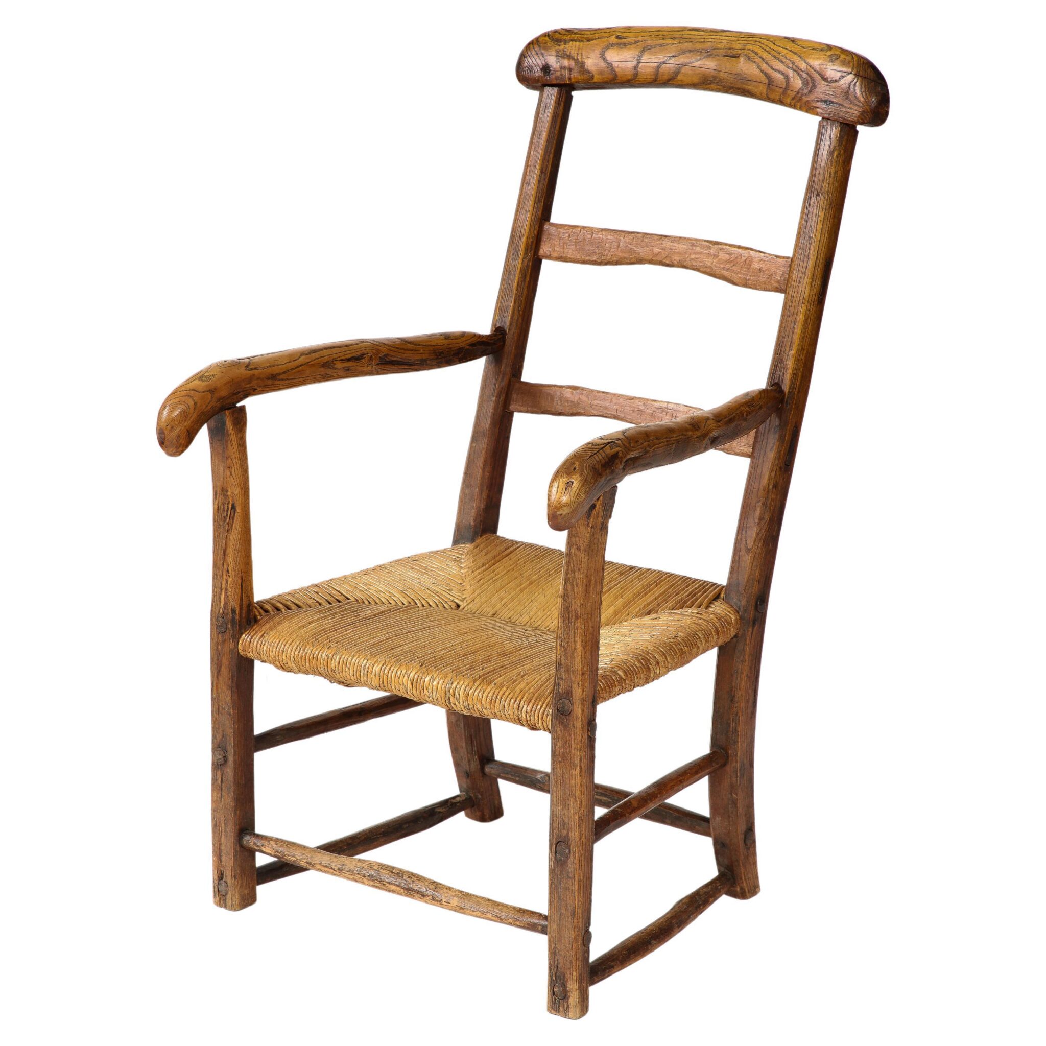 Rustic Hand-Crafted Oak Armchair with Straw Seat, France, 19th Century