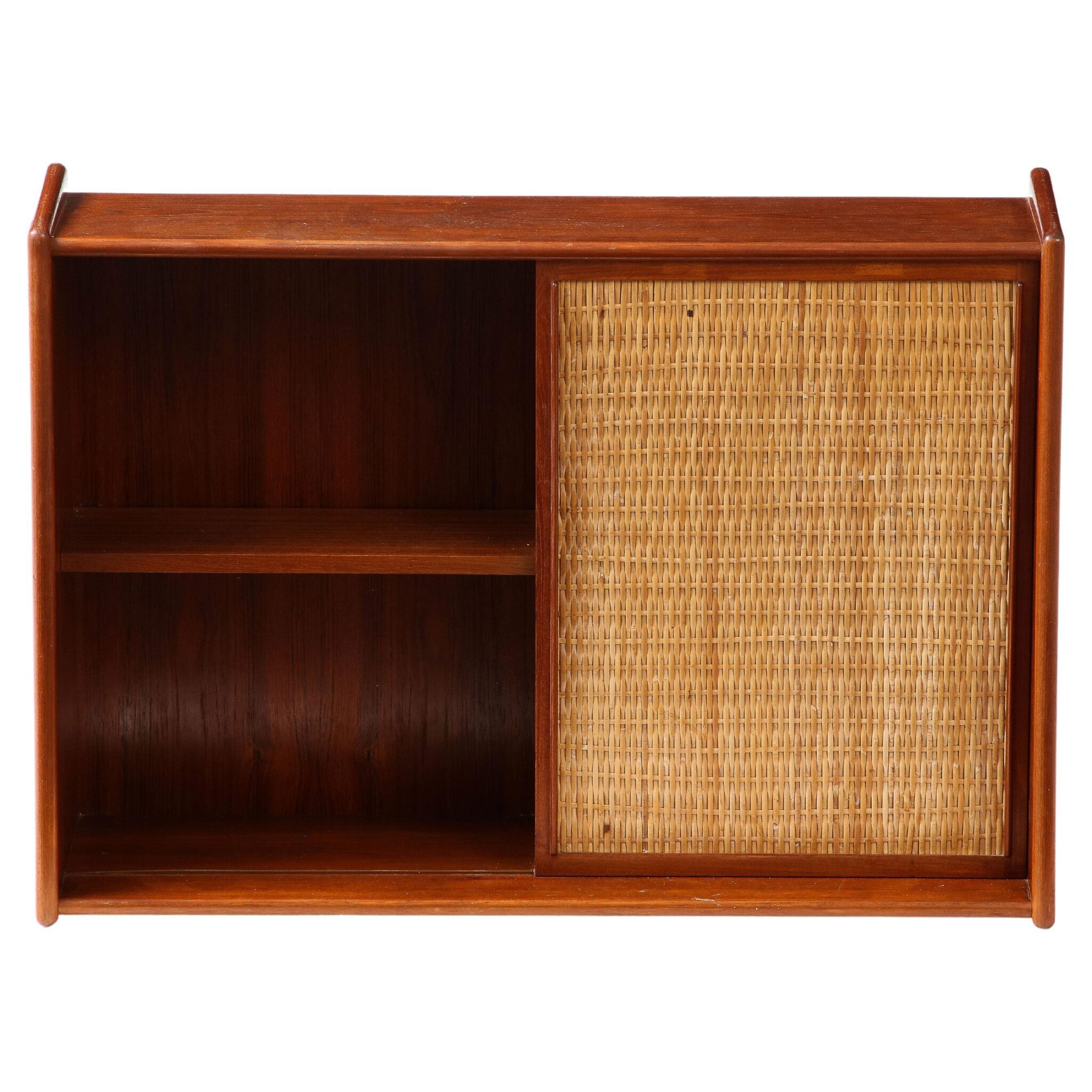 Danish Modern Wicker Wall Cabinet & Shelf with Mirror, 1950