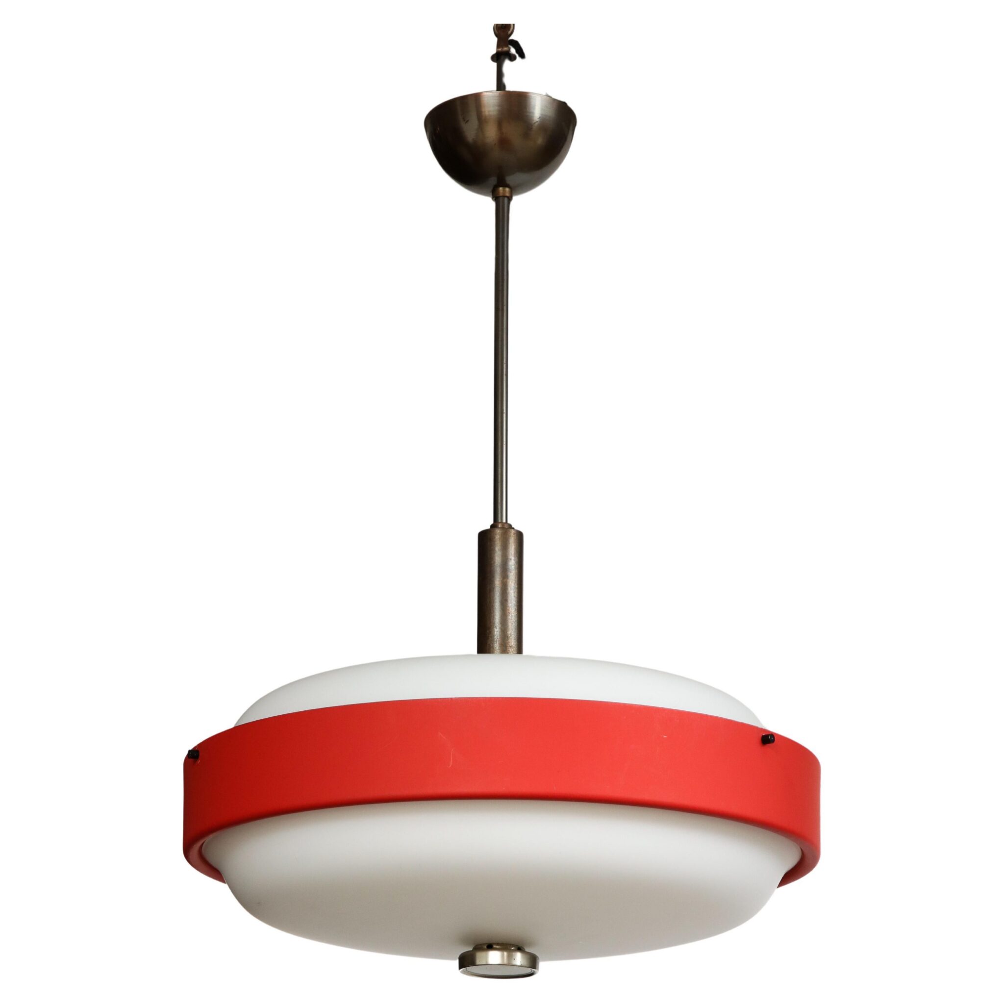 Italian Red Enamel & Brushed Steel Opaline Glass Chandelier, Lumi, Italy, 1960