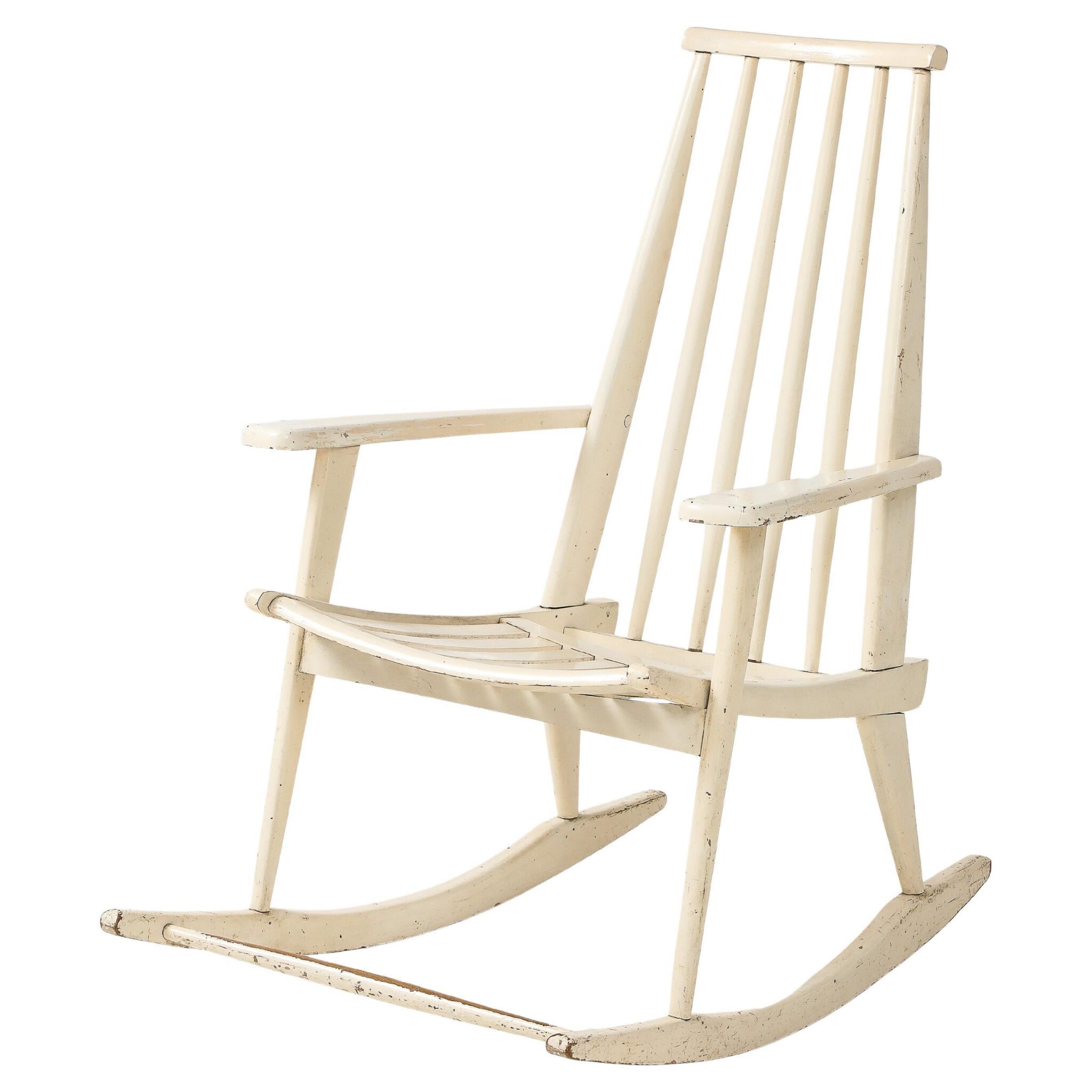 Charles Ramos, attrib., White Modernist Rocking Chair, France, c. 1950-60
