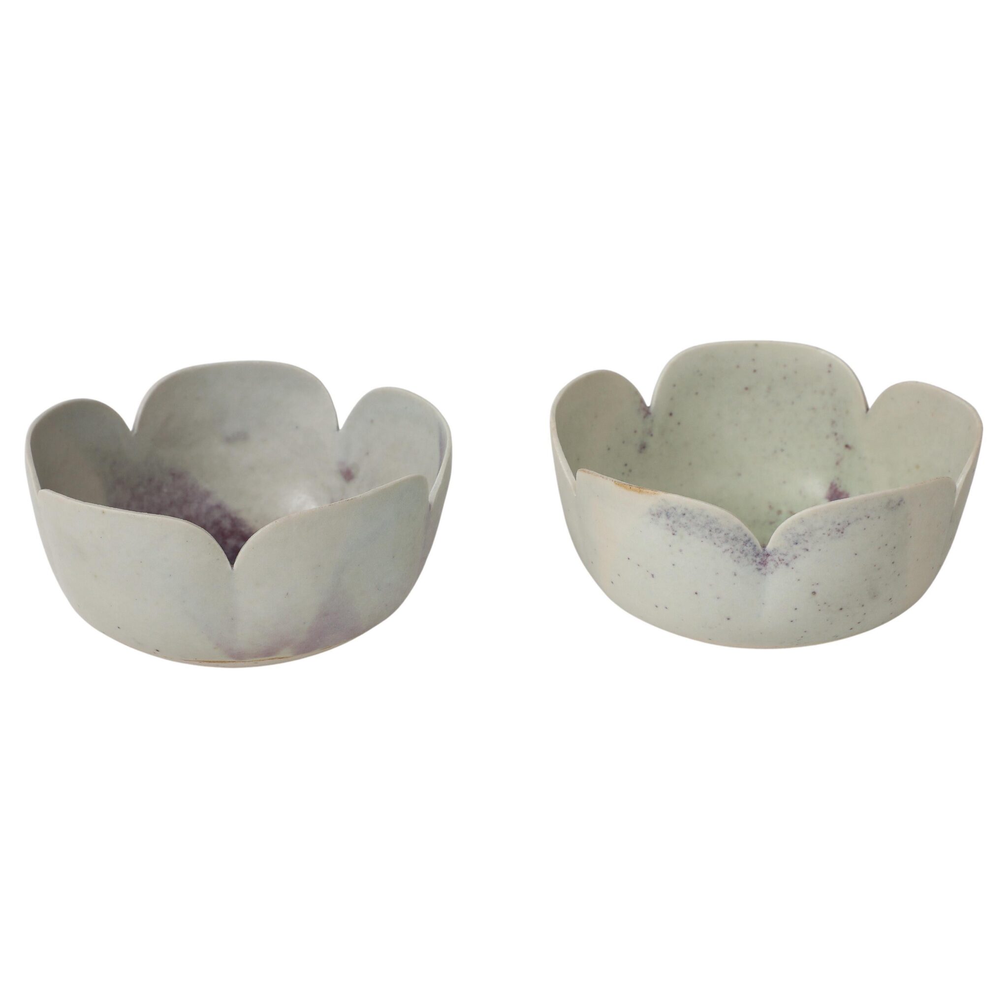 Pair of Bucholtz Fine Stoneware Celadon, Plum Petal Bowls, France, signed