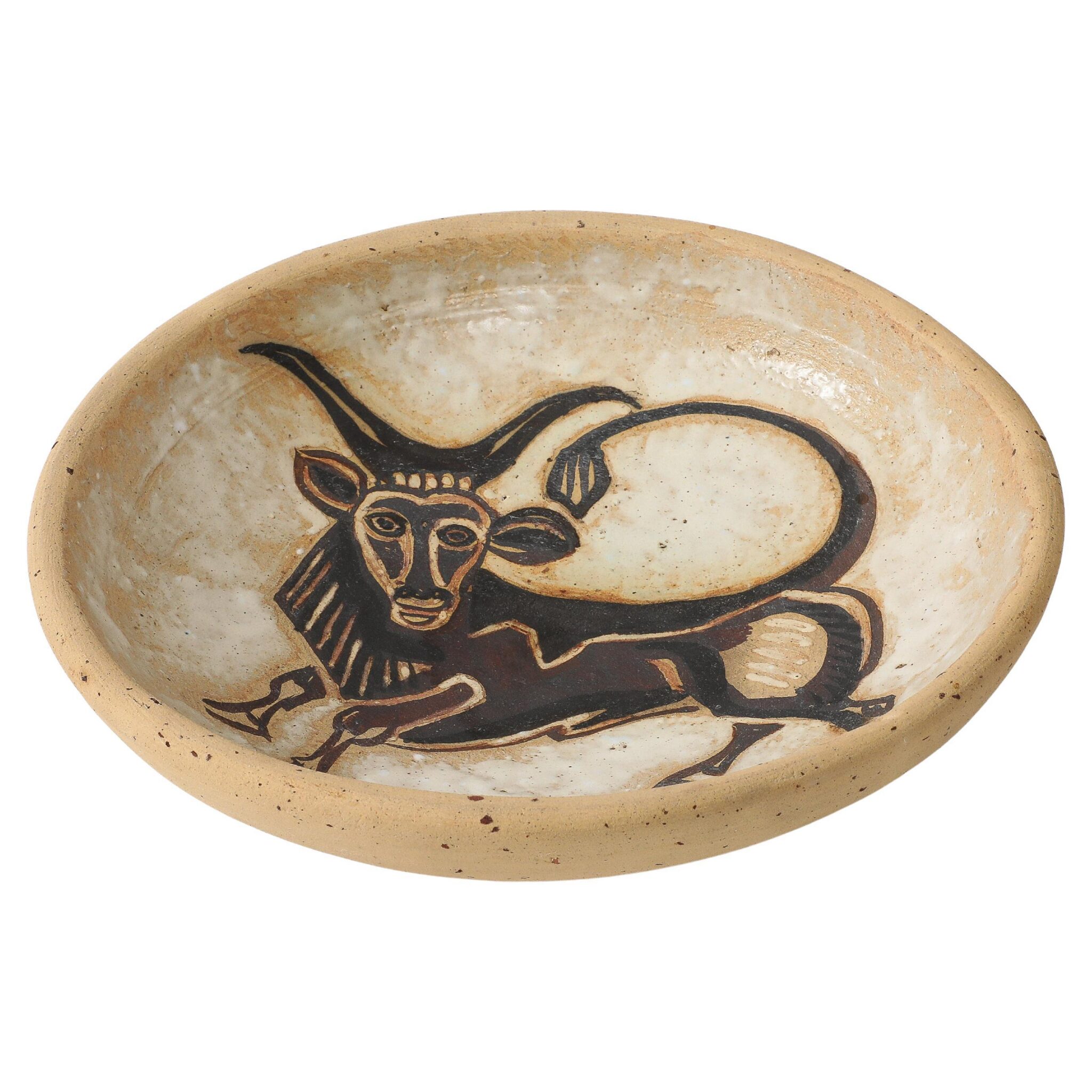 André Rosay Ceramic Bowl with Bull, La Borne, France, 1960, signed