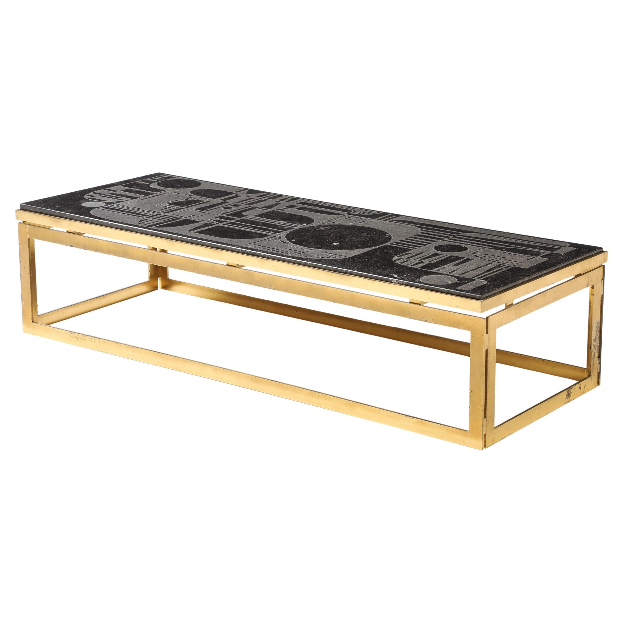 Mid Century Inlaid Bluestone Coffee table with Geometric Relief Design