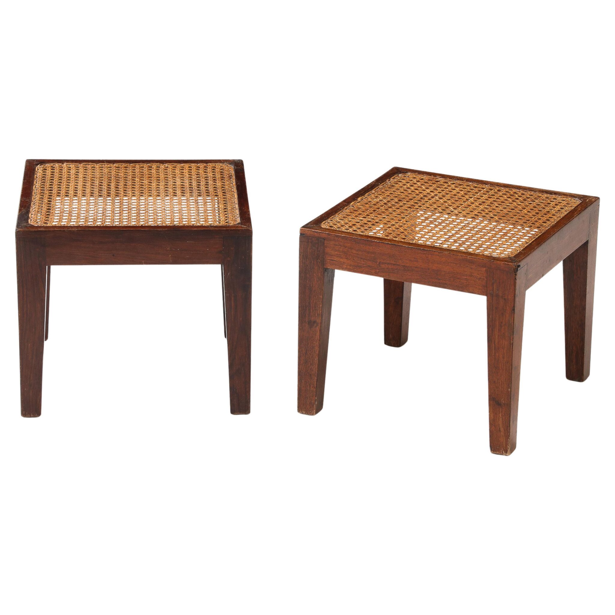 Pierre Jeanneret Style Side Teak & Oak Tables with Rattan Tops, France, 1940's