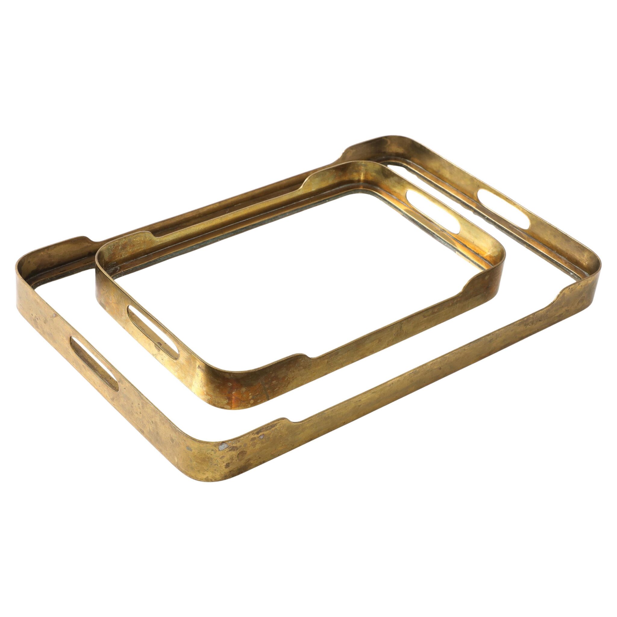 Pair of Art Deco Brass & Glass Trays, France, c. 1930’s