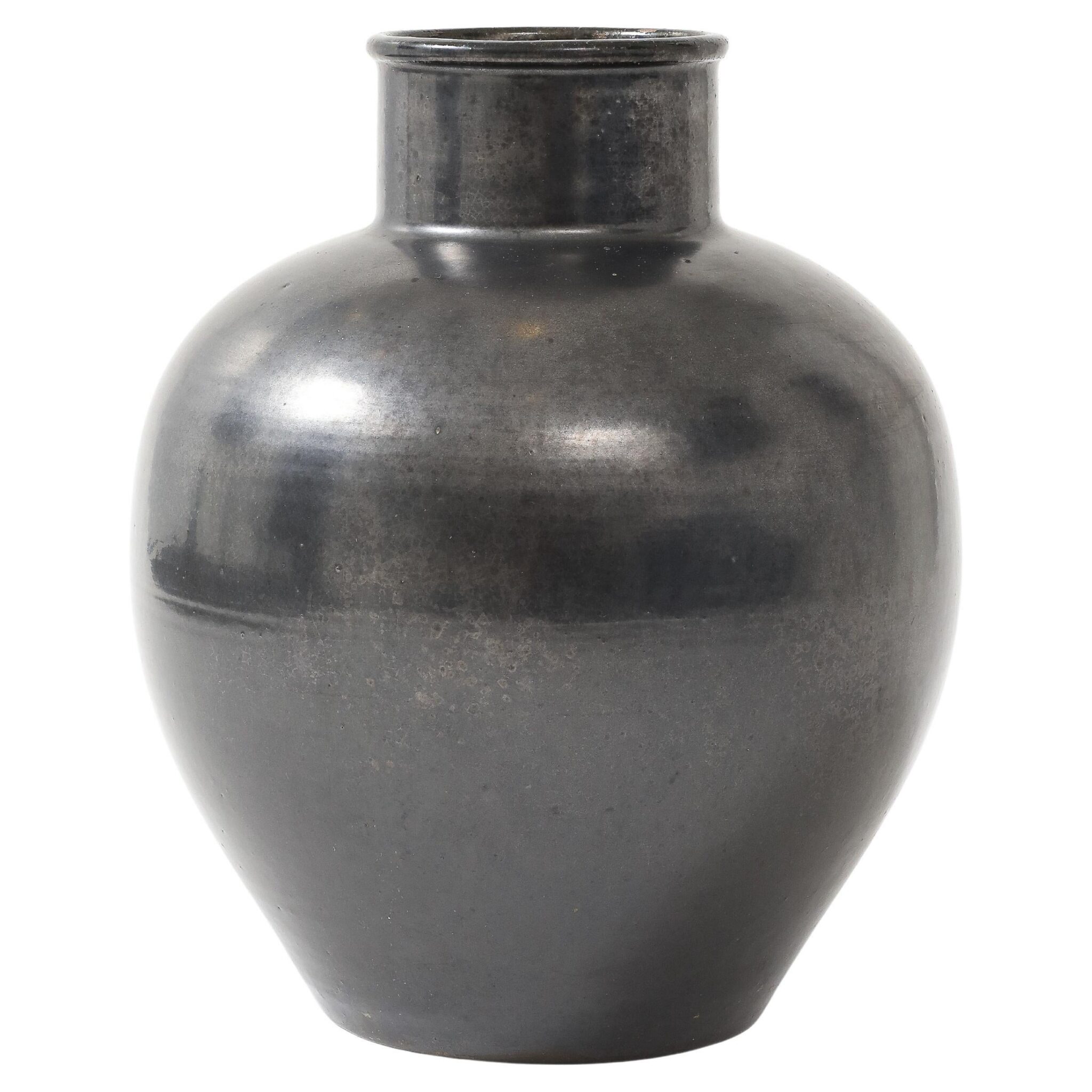 Primavera Large Black Glazed Ceramic Oivid Vase, Cylindrical Neck, France, 1930
