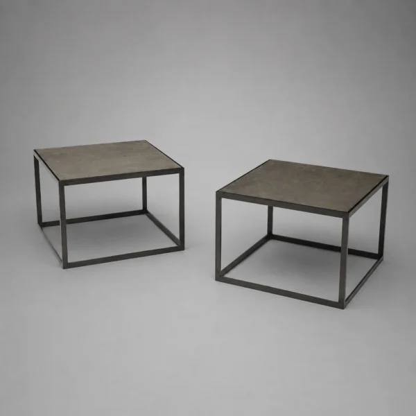 Pair ‘Thin’ Coffee or End Table in Faux Stone and Solid Blackened Steel Base