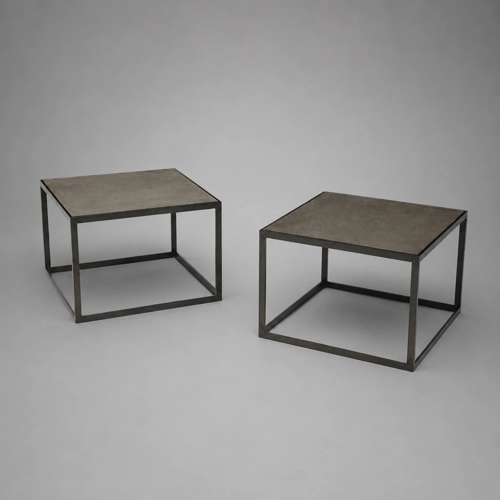 Pair ‘Thin’ Coffee or End Table in Faux Stone and Solid Blackened Steel Base