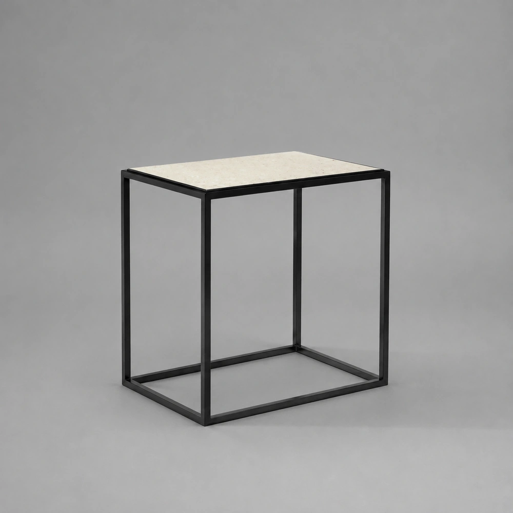 Seastone Inset Step Top Table with Solid Hand Blackened Metal Base