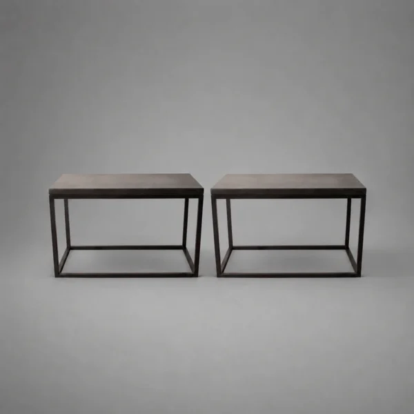 Pair Solid Blackened Steel Frame & Stone Top Side Tables