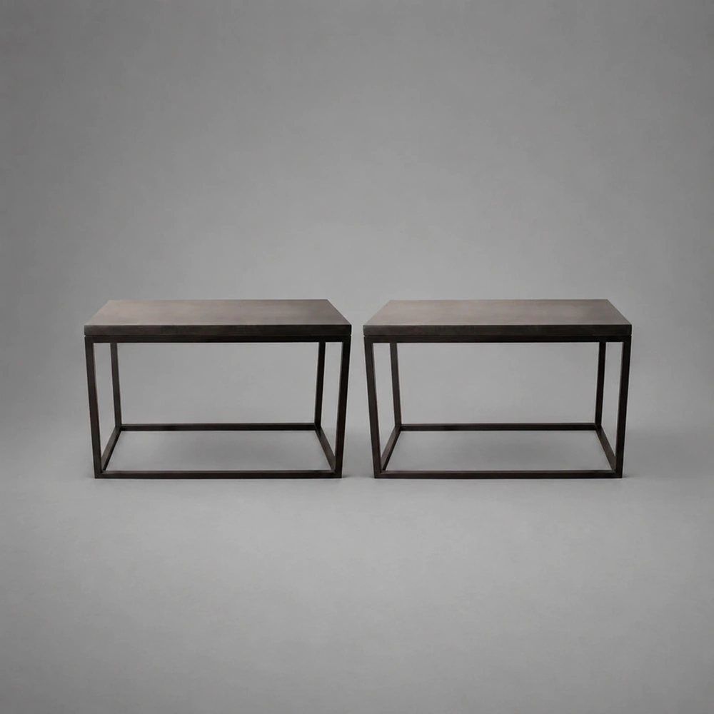 Pair Solid Blackened Steel Frame & Stone Top Side Tables