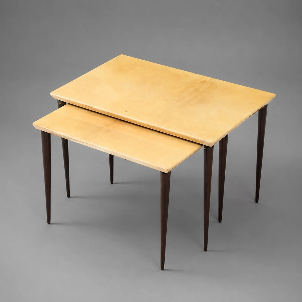 Aldo Tura Pair of Parchment Nesting Table, Tapered Mahogany Legs, Italy, 1960