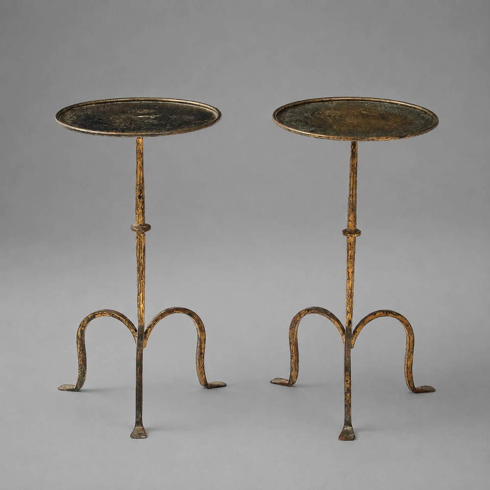 Henri Pouenat (1934-1987) Pair Iron Occasional Tables, Gold Leaf, Mod. Dani, France, 1980