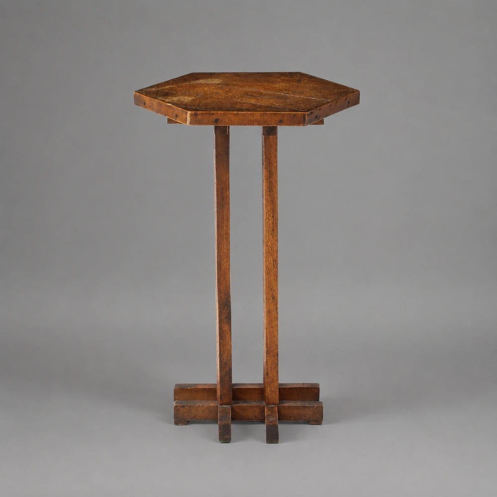 Hextogonal Walnut & Oak Table with four supports forming a grid Base, France, c.
