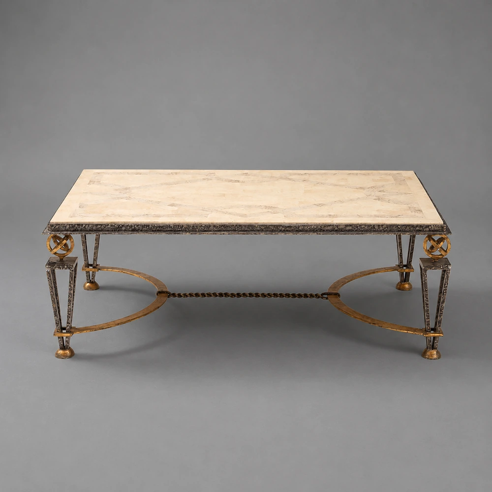 Inlaid Travertine Coffee Table in the style of Gilbert Poillerat, France, 1980
