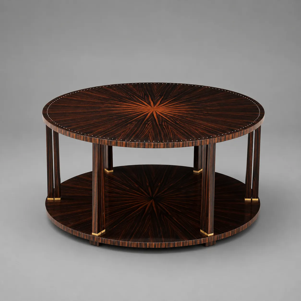 Macassar & Ebony Circular Double Sunburst Coffee Table with Lower Shelf