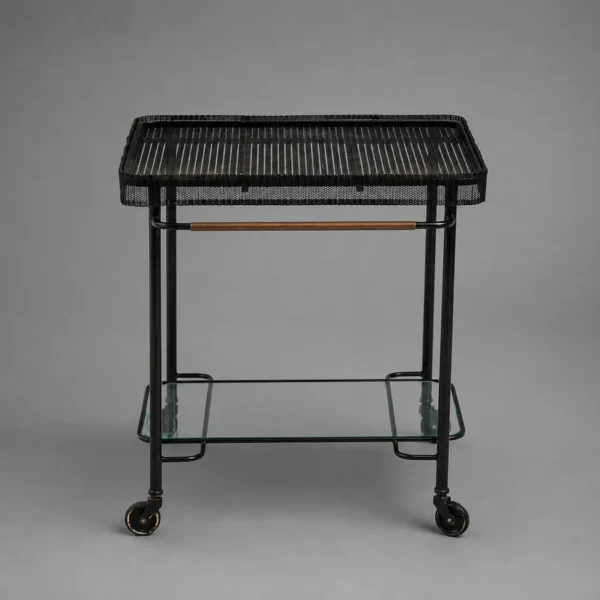 Matthieu Matégot (1910-2001) Perforated Metal Bar Cart with Brass, Nickel Elements, Modeled Glass Lower shelf, Wave Pleated Metal Top Apron, F