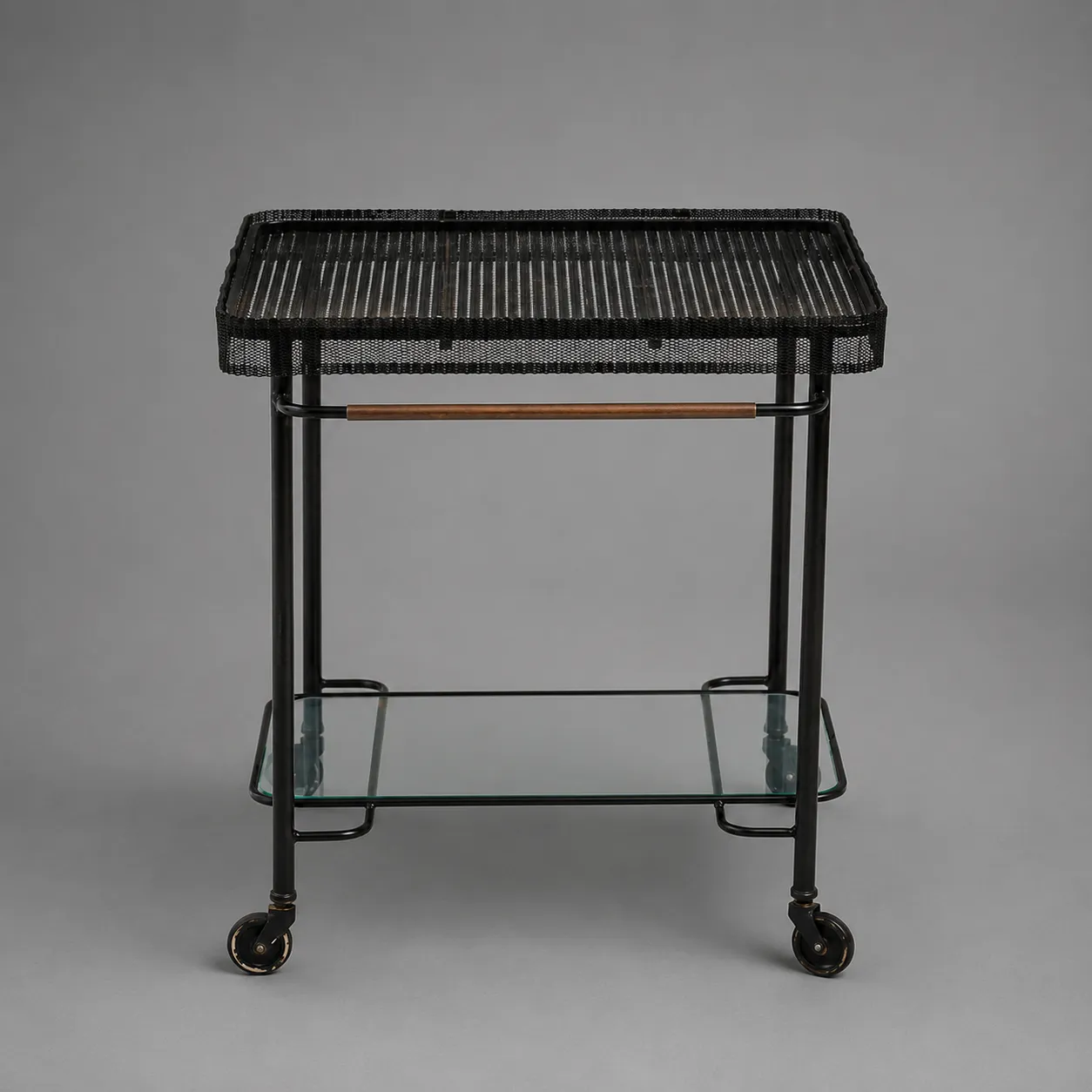 Matthieu Matégot (1910-2001) Perforated Metal Bar Cart with Brass, Nickel Elements, Modeled Glass Lower shelf, Wave Pleated Metal Top Apron, F