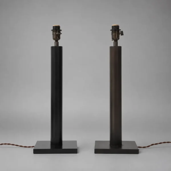 Pair Lance Thompson Bronze Patina Metal Column Lamps, Custom Silk Shade