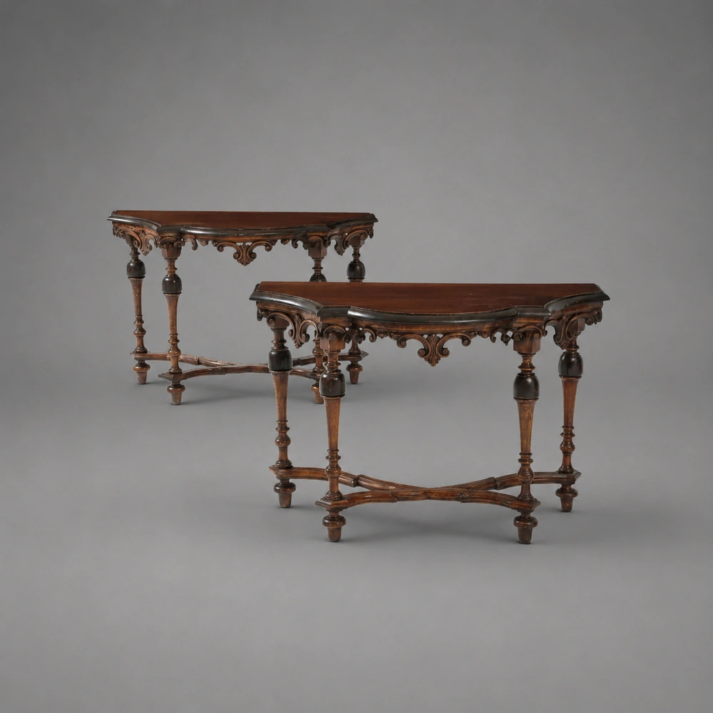Pair Late 17th C. Italian Tuscan Walnut Demi Lune, Carved Decoration, Italy