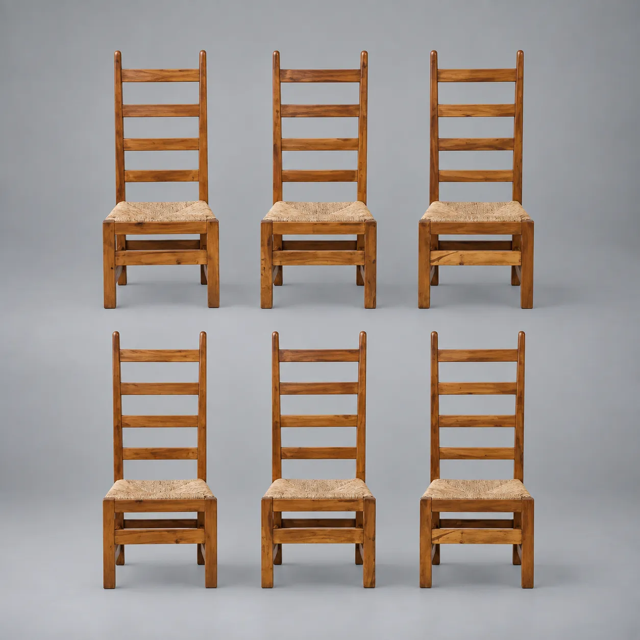 French High Back Oak & Rush Rustic Modern Chair, C. 1950, Signed