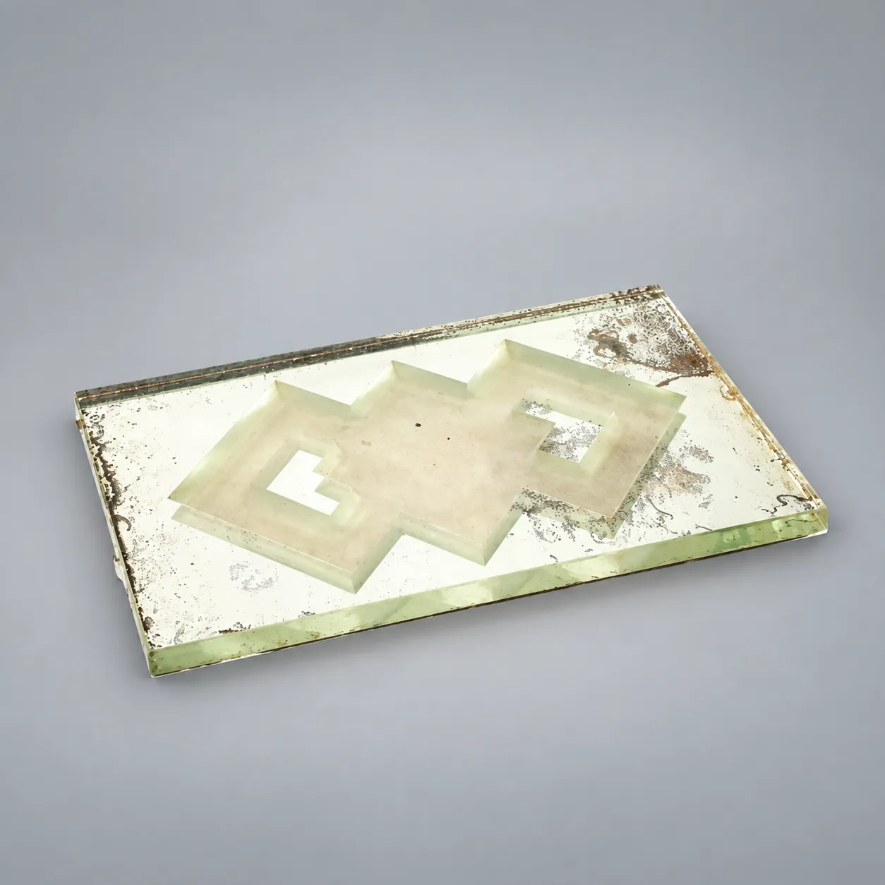 Jean Luce Cast Glass Mirrored Tray with Geometric Relief Design, France, 1930's