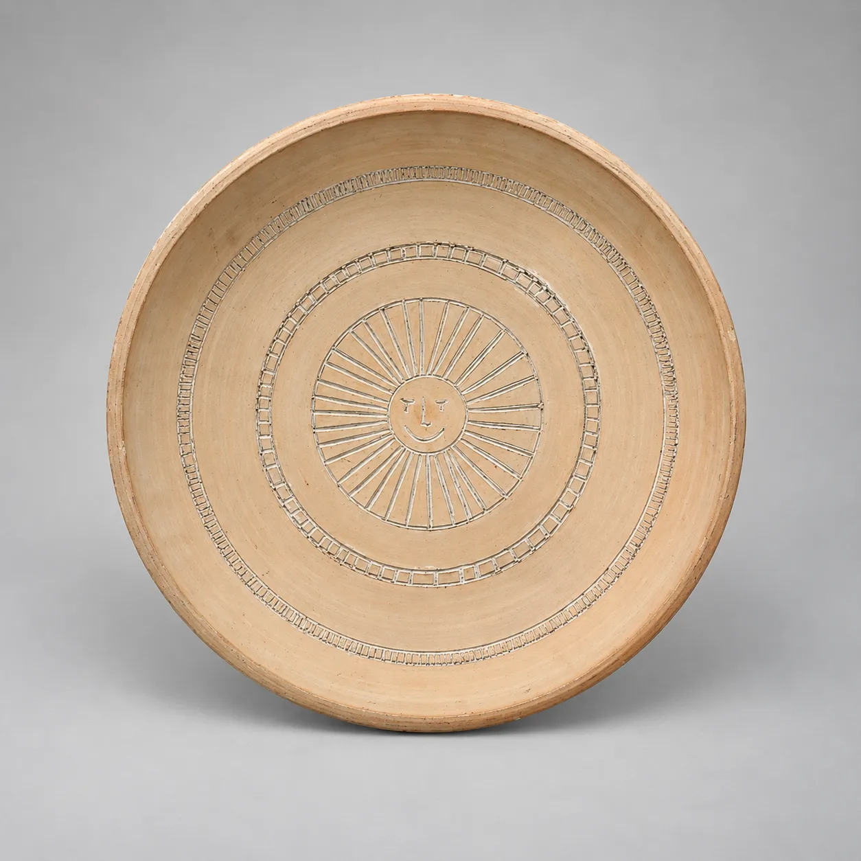 Very Large Light Matte Clay Terra Cotta Sun Platter, France, 1950, signed